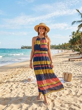 Striped Navy, Mustard & Red Boho Maxi Dress